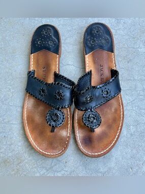 Jack Rogers Navajo Sandals Flip Flops Black Leather Thongs Whipstitch 11